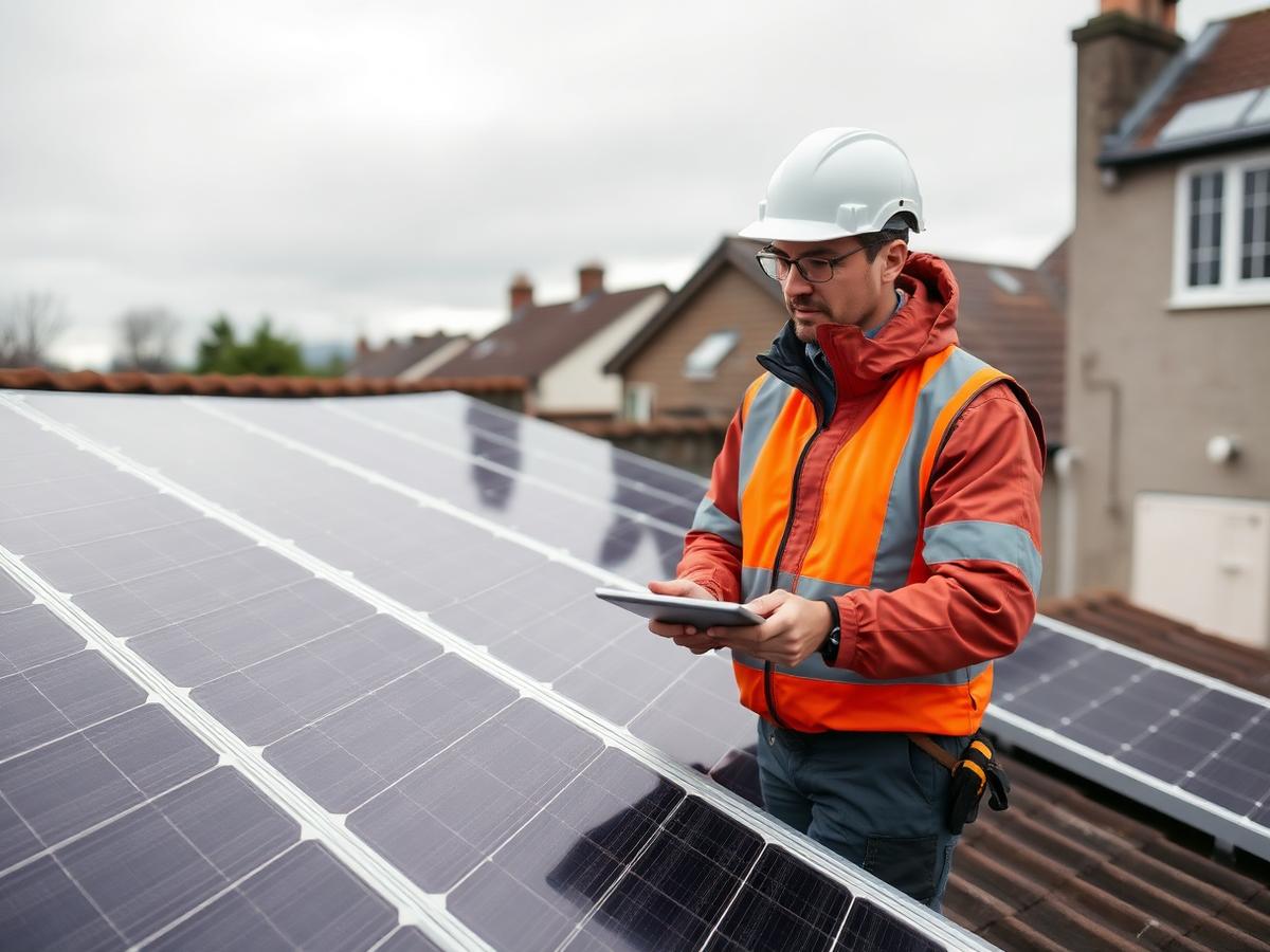 Technician carrying out a visual inspection of a residential solar array